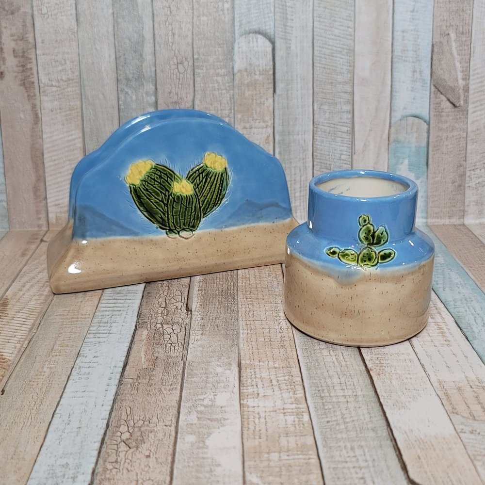 Cute Handmade Ceramic Cactus Design Napkin Holder and Jar/Mini Bowl